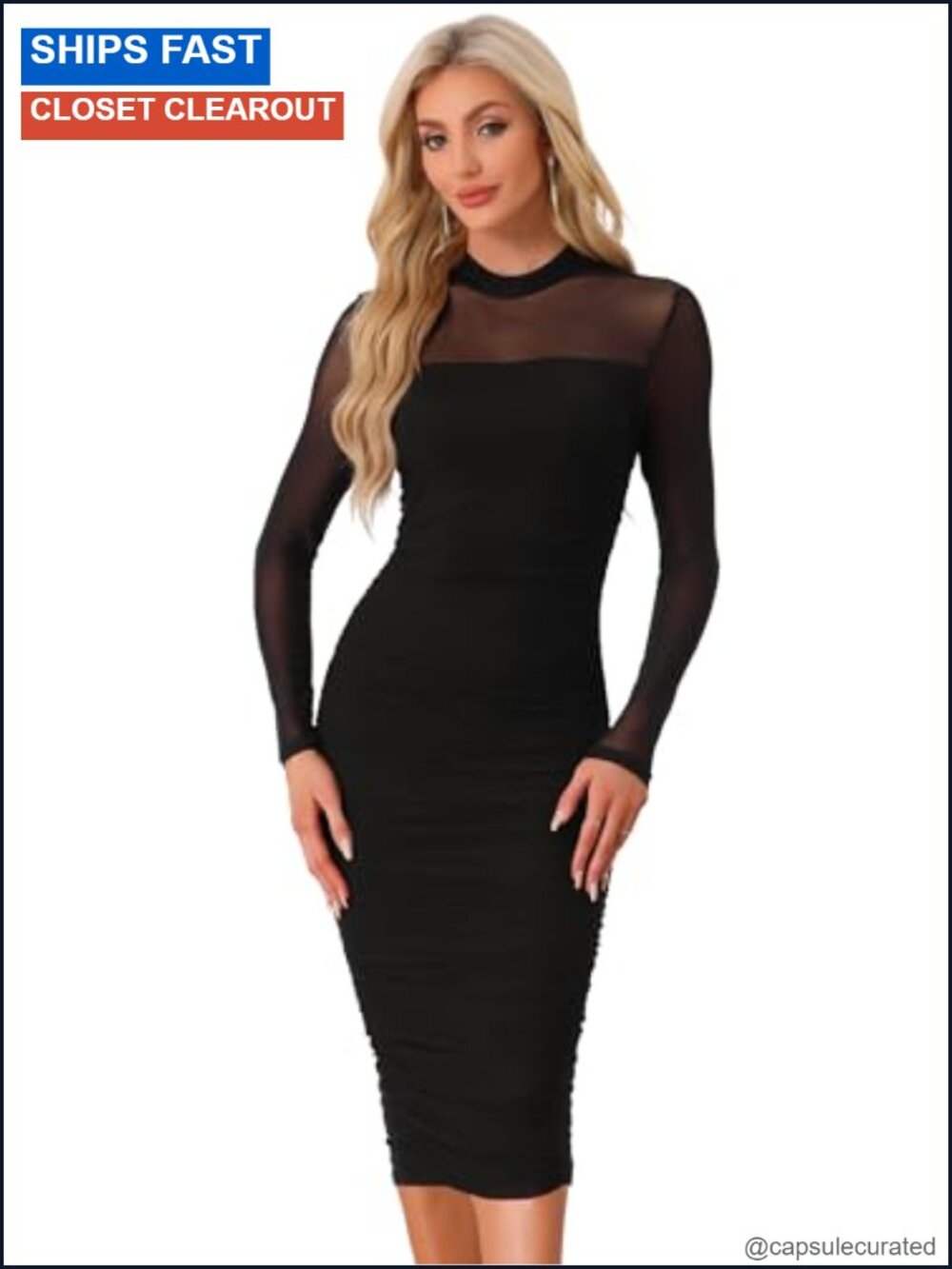 Women's Mesh Long Sleeve Mock Neck Ruched Bodycon Midi Dress